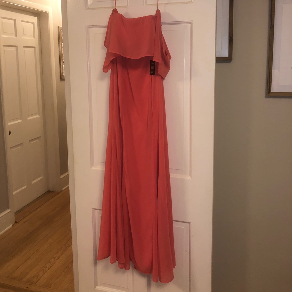 Lulu’s Coral Pink Off Shoulder dress gown mermaid